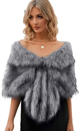 YuanDian Boléro en fausse fourrure pour femme, châle de mariage, élégant, doux et chaud, robe de cérémonie, cape en fausse fourrure, poncho blanc et gris, Blanc/gris., taille unique