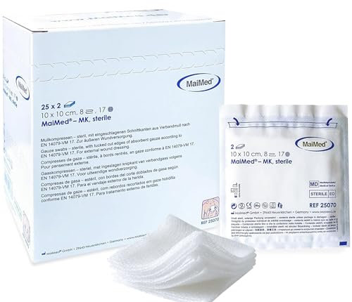 Kompressen Sterile 10x10cm 50 Stück Wundkompressen STERIL 8 Lagen Wundauflage Verbandsmaterial Mullkompressen Wundgaze Kompresse zur Wundversorgung Blutabsorption+E-Book (über Gesundheit)