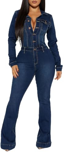 cffvdiz Mono De Mezclilla Sexy De Manga Larga Para Mujer Cintura Alta Slim Fit Stretch Flare Jean Jumpsuit Mamelucos Largos,Dark blue,M