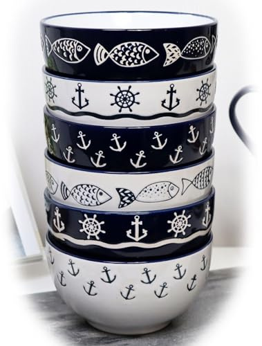Darthome Marine Cereal Bowls Set of 6 Blue White Glossy Nautical Sea Kitchen Tableware
