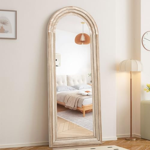 CASSILANDO Arched Full Length Mirror with Solid Wood Frame 65x24 Inch Wall Mounted Floor Mirror, Vertical Hanging Leaning Standing Mirror for Living Room, Bedroom, Entryway, Rustic White