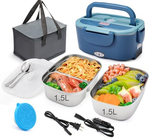 Elektrische Lebensmittelbox mit Doppelbehälter, 1,5 l, 80 W, auslaufsicher, tragbar, für Erwachsene, LKWarbeit, 12 V/24 V/110 V, beheizte Lunchbox, mit SS-Gabellöffel,