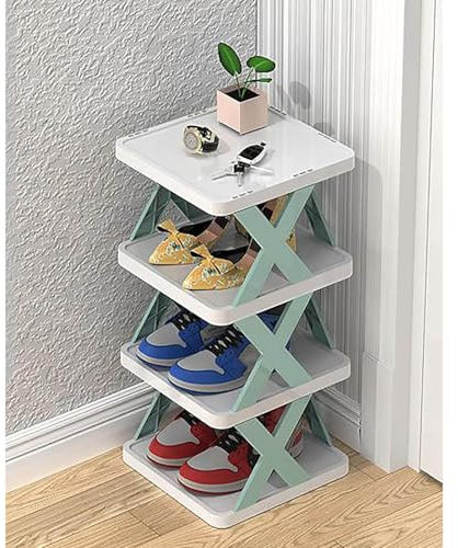 Einfaches Schuhregal aus Kunststoff, vertikal, stapelbar, freistehend, platzsparend, Aufbewahrungsschrank für Eingangsbereich, Eckschrank, Flur (26 cm B x 24 cm T x 40 cm, Blau 4)