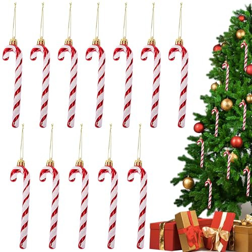 Heveer Zuckerstangen Glitzer Weihnachtsbaum Deko Klein Zuckerstangen Anhänger 13 cm Weihnachtsbaumschmuck 12 Stück Rot