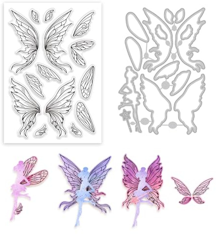 GLOBLELAND Ensemble de Tampons Transparents Wing Clear Stamps et de Matrices de Découpe D'Elfe Tampons en Silicone pour Ailes de Papillon et Matrices de Découpe en Métal pour Scrapbooking DIY