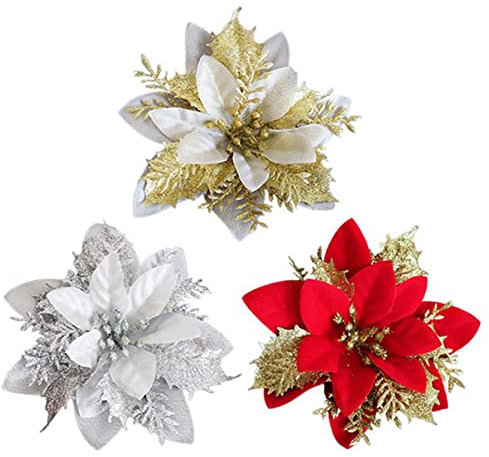dvnFWKc Decorate Artificial Flowers, 3 stücke Weihnachtsstern Hohl Glitter Blume Weihnachten Baum Ornament Dekorative Blume for Home Party