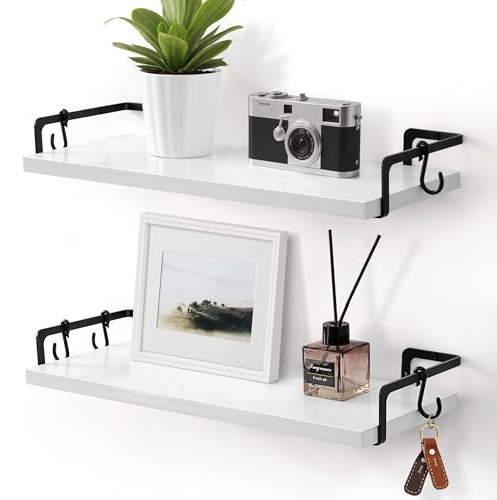 Gronda Wandregal Weiß Schwarz Metall Massiv Holz Regal für Küche Badezimmer Wohnzimmer Schlafzimmer Modern Schwerlast Schweberegal mit 5 Haken Bücherregal 40 cm Lang