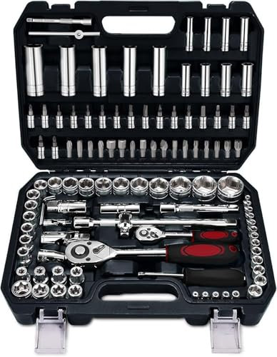 HUIYOPU 108-Piece Socket Set,1/4 &1/2 Drive Ratchet with Bits, Quick Release Ratchet Wrench - CR-V Mechanic Tool Set for Home Repairs, Workshops, Car Bicycle Repair, DIY, Engineering Studies