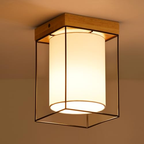 CBJKTX Deckenleuchte Flur Deckenlampe Holz - 1 Flammig E14 Vintage | Flurlampe mit Stoff-Lampenschirm Küchenlampe Industrial Retro Schlafzimmerlampe für Schlafzimmer Küche Büro ohne Leuchtmittel
