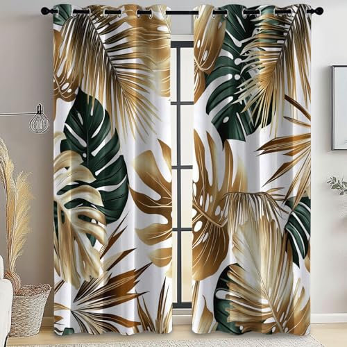 Vorhang Blickdicht mit Ösen, Moderne Luxuriöse Tropische Blätter Muster Ösenschal Leichte und weiche Verdunklungsvorhänge für Wohnzimmer Kinderzimmer Schlafzimmer H215 x B110 cm (2er Pack) Gold Grün