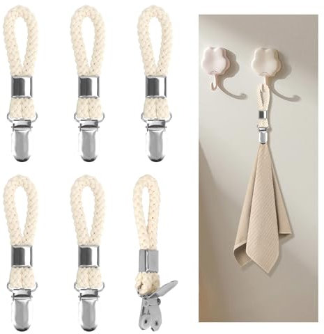 6 Pièces Pince Serviette,Pinces À Serviettes,Clips Porte-Torchon Avec Boucles,Crochet Torchon En Métal Avec Coton Tissé,Pinces Accroche Torchons,Crochet Torchon Porte Serviette Salle De Bain,Beige