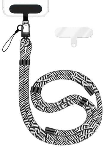 NALIA Colgante Movil Universal para Smartphones - Nylon Confort Premium y 2 Parches - HOLDME (Correa Trenzada con Mosquetón Negro Mate) - Marca Alemana, Color:Negro Blanco