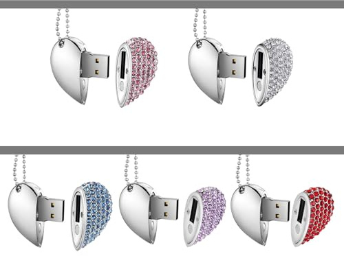 Yaxiny, chiavette USB da 128 GB, impermeabili, con diamante a cuore, ad alta velocità, USB 3.0, 5 pezzi di tipo mix