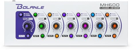 Bolanle MH600 6-Kanal Stereo Line Mixer – Mini Mischpult mit Mono/Stereo Schalter, Mute Funktion, 6.35mm/3.5mm für Gitarre, Bass, Keyboard, Synthesizer