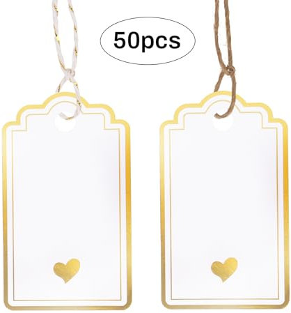Dmnnlp 50pcs Gift Tags with String, Foil Gold Heart Paper Gift Tags, 5x9cm Personliazed Blank Labels for Birthday Wedding Halloween Christmas Baby Shower Valentines Gifts Decoration
