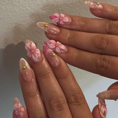 MouyouGlow Press on Nails Kurz,Almond Rosa Leopard French 3D Blumen Floral Sommer Fake Nails,White Tips Pink Flowers Y2K INS Sweet Künstliche Fingernägel