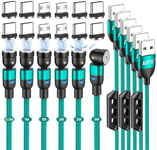 AUFU Magnetic Charging Cable, Magnetic Charger Cable 6 Pack [0.5m/1m/2m/3m], USB C 360° and 180° Rotatable With Micro/Type C for Smartphone
