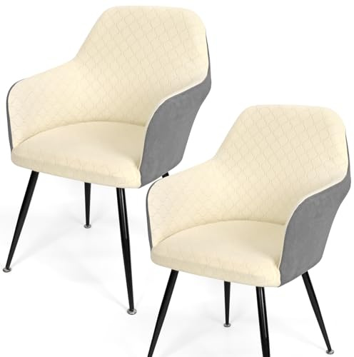Betylifoy Stretch Stuhlbezug 2er Set Stuhlhussen mit Armlehne | Elastischer Stuhlbezug Jacquard Stuhl Abdeckung Abnehmbare Waschbar Schonbezug für Esszimmer Küche Beige&Hellgrau