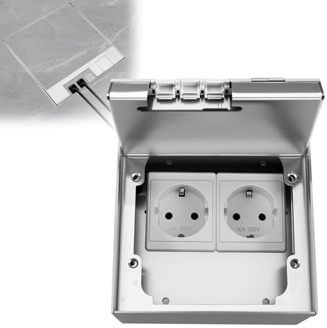 Strixorn Presa da Pavimento 2 Posti Acciaio Inox, 16A 4000W AC250V IP54, Presa Elettrica Esterna/Interna Immersa per Ufficio, Hotel, Cucina, Soggiorno