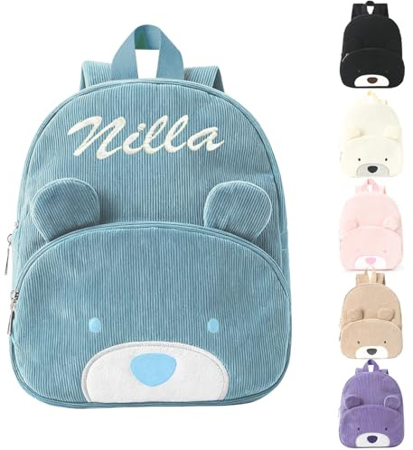 Personalisierter Bären-Kinderrucksack mit gesticktem Namen, leicht strapazierbarer Kindergartenrucksack für Jungen & Mädchen, personalisierter Kita-Rucksack als Geschenk zum Kindergartenstart (Blau)