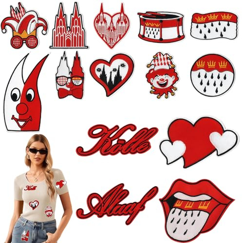 14 Stück Kölner Karneval Rot Weiß Bügelflicken Bügelbilder Karneval Rot Weiß Bügelbilder Köln, Patches Flicken Bügelaufkleber Fasching Accessoires für Kleidung Hosen Hüte