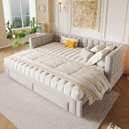 LinoraFurn Daybett, Tagesbett, 90X200cm, Sofabett mit quadratischer Rückenlehne, ausziehbares Bett (ausziehbar auf 180 Queensize), 2 Schubladen, ohne Matratze (Beige)