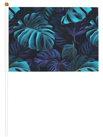 Banderas de mano grandes de Monstera con hojas negras en azul oscuro, mini banderas en palo para fiestas, actividades de equipo, desfiles, decoración de vacaciones, paquete de 10