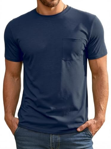 Runcati Men's T-Shirt Summer Short Sleeve Tops Round Neck Regular Fit Functional Shirt Men's Plain Basic Undershirt Casual Gym Sports Shirts with Chest Pocket Navy Blue XL