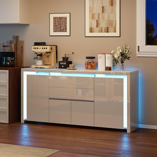 LONELYO Buffet Blanc Laqué 4 Portes 2 Tiroirs avec Éclairage LED, Meuble de Rangement Moderne pour Salon, Cuisine ou Entrée, Design Haut Brillant (Blanc)