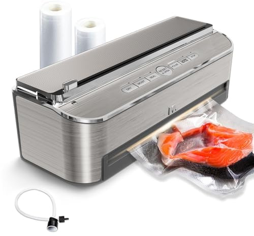 Mesliese Vacuum Sealer Machine, 85kPa 120W Automatic Food Sealer, Powerful Sealing System, Build-in Cutter | Bags Storage | Moist Mode and Air Suction Hose | 2 Bag Rolls and 5pcs Bags(Stainless Steel)