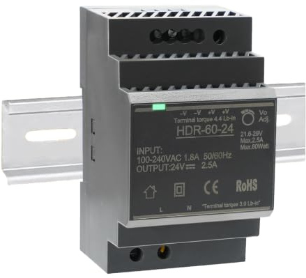 Fuente de Alimentación para Carril DIN HDR-60-24 60W 24V 2,5A, Fuente Conmutada para Iluminación LED, Automatización Industrial, Armarios de Control y Relés