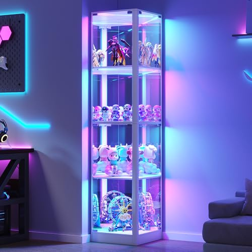 TAGELIER 173cm Glasvitrine mit RGB-Beleuchtung für Sammlungen | 4 Ebenen Eckvitrine, Eckdesign, Verstellbare Böden, Für Figuren, Bücher & Spielzeug