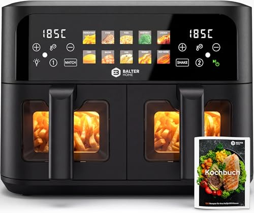 Balter Heißluftfritteuse 2 Kammern mit Sichtfenster 9L (2x4,5L) - 2400W Airfryer XXL Doppelkammer, 10 Programme, Dual Zone & Sync Finish, ohne Öl, Touchscreen, inkl Rezeptheft, HL-901