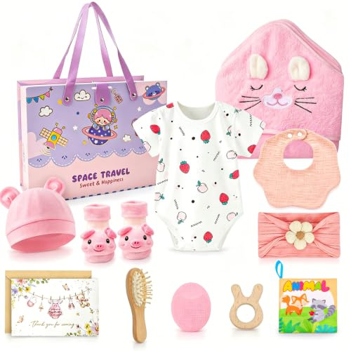 12-Teilig Baby Geschenkset Mädchen geschenk geburt mädchen für Babytaufe, | Babyparty, NeugeborenenSet Geburt Taufe Party (Rosa)