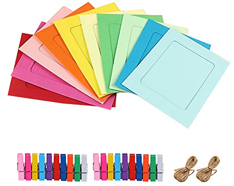 Hazrcvr Cornice di Carta per Foto 20 Pezzi 10 Colori Portafoto in Cartoncino con Corda e Mollette DIY Cornice Portafoto Cornice per Foto Colorata DIY Album Portafoto Decorazione ​della Parete