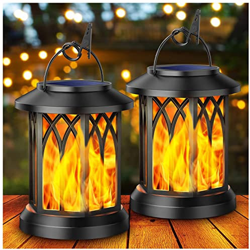 KOOPER Solar Lights Outdoor Garden, 2 Pack Hanging Solar Lanterns with Realistic Flickering Flame LED, Waterproof Flame Effect Garden Ornaments for Pathway Patio Decoration