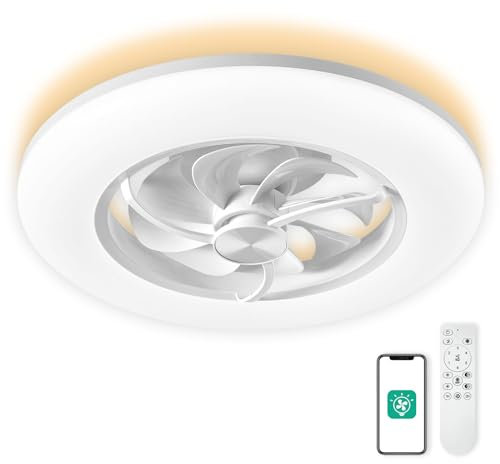 CHANFOK Low Profile Ceiling Fan with Light - Modern Flush Mount Enclosed Ceiling Fan 22 LED Dimmable Bladeless Ceiling Fans with Remote Control,Smart 3 Light Color and 6 speeds 7 Blades