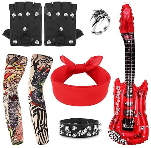 Heyu-Lotus 8 Pcs Punk Gothic Rocker Costume Set Disco Rock Star Fancy Dress Costume Accessories with Gloves, Ring, Bracelet, Bandana for Women Men Adult Party Supplies