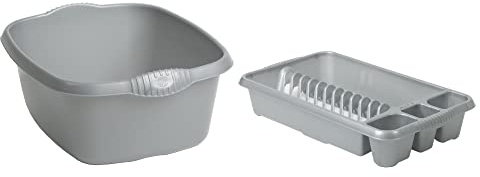 Set of Plastic 39cm Washing Up Bowl Kitchen Organiser with Medium Dish Drainer - High Grade Plastic Kitchen Counter Top Sink and Basin Use Great for Home and Restaurants (Silver)