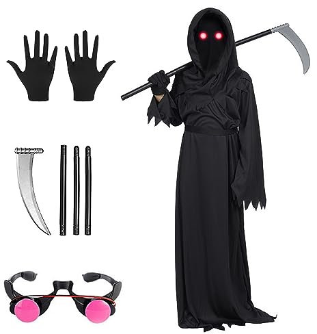 FENYW Deguisement Faucheuse Enfant, 5pcs Costume De Faucheuse Pour Enfants, M/L/XL Ensemble De Costumes D'Halloween Avec Faucilles,Ensemble De Cosplay Halloween Grim Reaper pour Cosplay Halloween (XL)