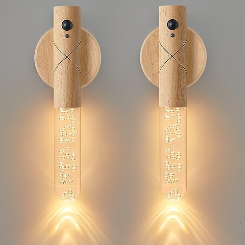 RILYNNERA Wall Sconces Set of Two Battery Operated, Motion Sensor Night Light Battery Powered Sconce Rechargeable Wall Sconce, Peel and Stick Sconce Lights for Stair Hallway (White Ash Wood-Bubble)