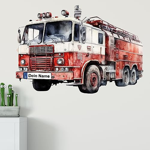 GRAZDesign Wandtattoo Feuerwehr Kinderzimmer Junge mit Namen personalisiert, Wand Aufkleber Tattoo Kinder Auto, Feuerwehrauto Wandaufkleber für Jungenzimmer 72x50cm