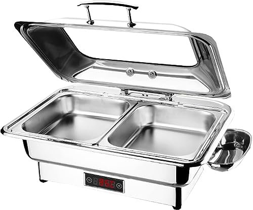 MAXCBD 9L Stainless Steel Food Warmer Dish, Chafing Dish Set Warmer, Chafing Plate Buffet Food Container Set with Lid for Buffet Banquet Party Food Warming (Color : Double Grid)