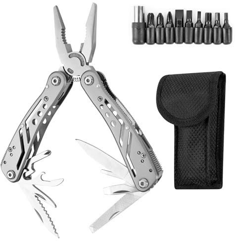 Multitool Werkzeug, 25 in 1 Faltbares Edelstahl Multifunktionale Zange, Multiwekzeug, perfektes Camping Zubehör Flaschenöffner und Karabiner, mit 11 Schraubendreher Bits und Gurtcliptasche