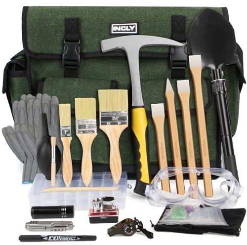 INCLY 26PCS Geology Rock Pick Hammer Kit, 33.8 oz Fossil Hammer & 4 PCS Digging Chisels Set for Rock Hounding, Gold Mining & Prospecting Geology Tool Shovel Musette Bag, Compass, Whistle, Brushes