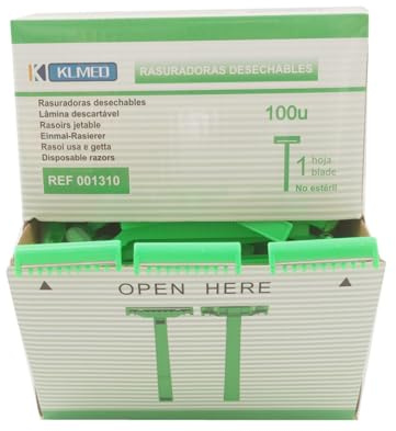KLMED Pack de 100 Maquinillas de Afeitar Desechables de una Hoja - Cuchillas de Rasurar de Precisión para Uso Sanitario, Clínico y Profesional - Higiénicas y con Capuchón de Seguridad - Color verde