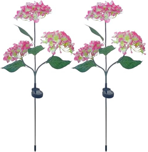 Solar Garden Lights Outdoor Waterproof,Hydrangea Solar Lights,Solar Garden Ornaments LED Realistic Flower Lights Decorative,Garden Stake Lights for Pathway Yard Patio Garden Decorations (2PCS Pink)