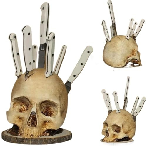 LOUPKC Totenkopf-Messerhalter aus Kunstharz for eine unvergessliche Totenkopf-Küchendekoration – Gothic-Küchenperfektion, werten Sie Ihr Kocherlebnis mit einzigartigem Stil au