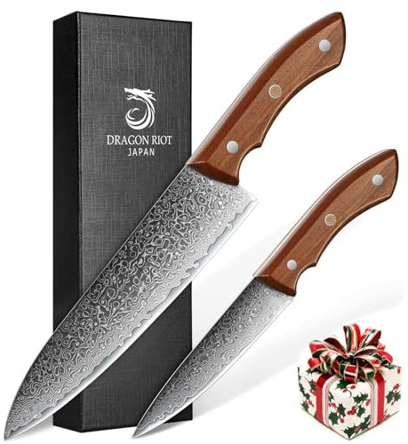 DRAGON RIOT Damastmesser Set, Küchenmesser Set aus 67 Lagen Damaststahl mit Ergonomischer Griff, 2-teilig Messerset Damast, Japanisches Messerset, Scharfes Kochmesser und Gemüsemesser für Küche
