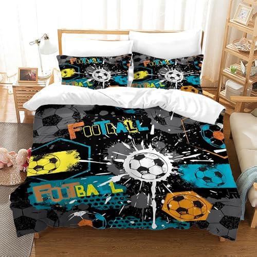 BNREDA Fußball Bettwäsche 135x200, Weiche Komfort Mikrofaser Fußball Motiv Drucken Bettwäsche Set,mit Reißverschluss Fußball Bettwäsche Und 2 Kopfkissenbezügen 50 X 75 (Fußbal-A, 135x200cm)